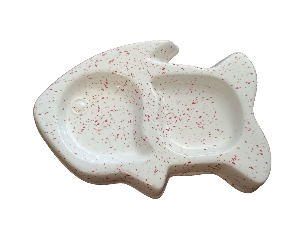 Vtg Style Splatterware Fish shaped Cat water food bowl Ceramic White Red Speckle